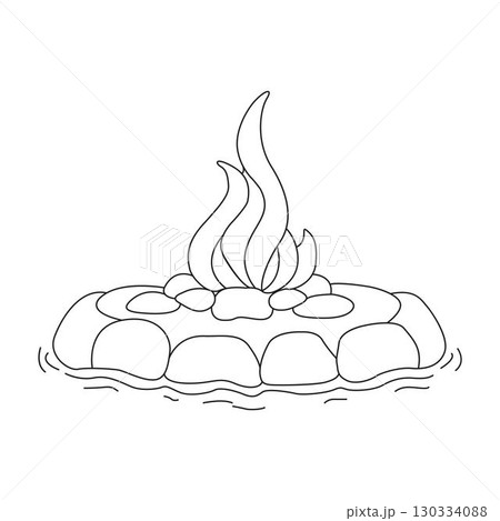 Minimal line art of a campfire surrounded by stones, simple outline design for camping and outdoor themes. Minimal line art of a campfire surrounded by stones, simple outline design for camping and outdoor themes. 130334088