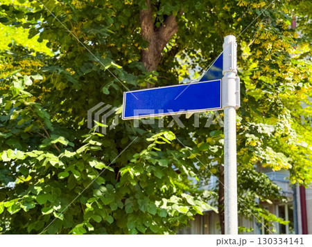 Blank blue street sign mounted on a metal pole against green trees in an outdoor setting. Navigation, orientation and urban infrastructure reflecting communication, order and city regulation. 130334141