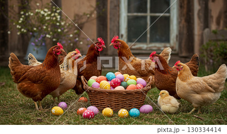 chickens and chickens on the grass 130334414