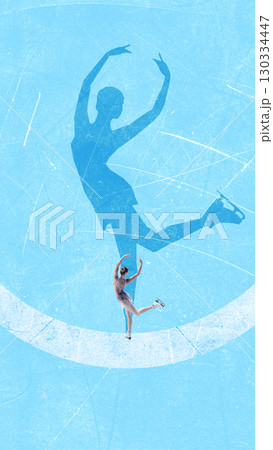 Collage of female figure skater performing elegant jump with shadow silhouette 130334447