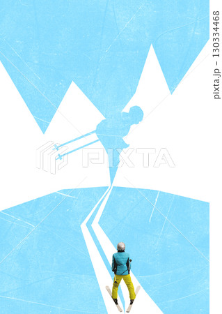 Bright poster. Skier on snowy slope with large shadow silhouette Bright poster. Skier on snowy slope with large shadow silhouette 130334468