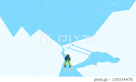 Bright collage. Skier landing with strong shadow on bright snowy mountain background 130334478