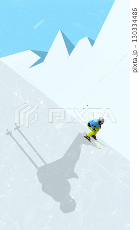 Creative collage template. Skier jumping from snowy slope with dynamic shadow in mountains Creative collage template. Skier jumping from snowy slope with dynamic shadow in mountains 130334486