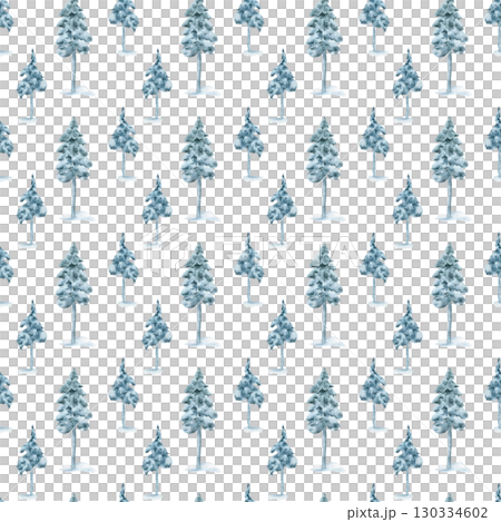 Winter Christmas trees seamless background isolated on white. Pines blue watercolor drawing. Evergreens trees in snowy hand drawn. Pine, spruce in winter forest endless pattern for seasonal textile. 130334602