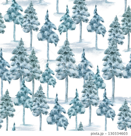 Evergreen winter trees horizontal repeat background watercolor isolated. Snowy spruce misty tones hand painted on seamless pattern. Continuous woodland print for seasonal fabric design, textile. Evergreen winter trees horizontal repeat background watercolor isolated. Snowy spruce misty tones hand painted on seamless pattern. Continuous woodland print for seasonal fabric design, textile. 130334603