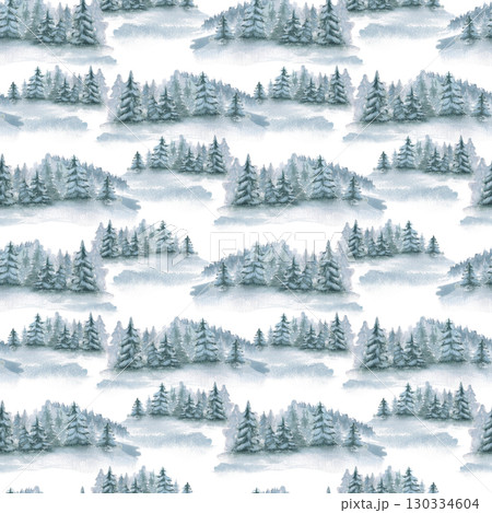 Snowy fir forest seamless pattern watercolor isolated on white. Blue conifers landscape hand painted sketch. Winter scene repeated background for packaging, festive decor, and seasonal product labels. 130334604