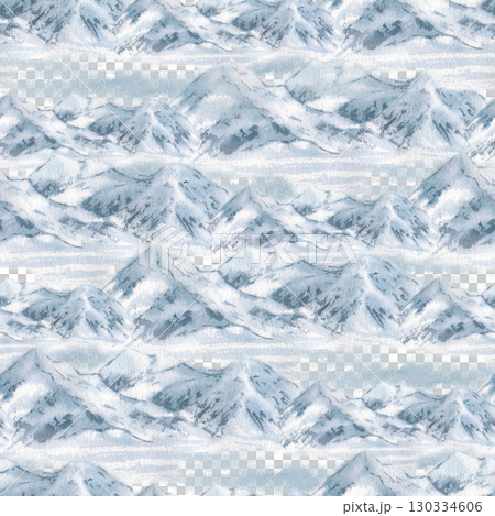 Endless winter rocky landscape pattern. Mountains in soft greys watercolor seamless background hand painted isolated. Winter backdrop for Christmas packaging and ski textile. Repeated mountain scene. 130334606