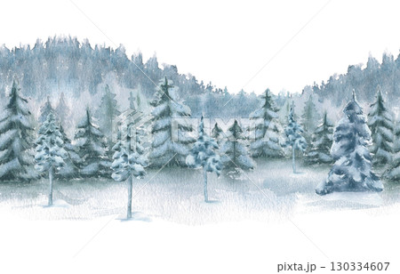 Winter woodland and muted spruce hills watercolor seamless border isolated. Snow laden pines, misty peaks on repeating background hand painted for Christmas designs, gift wrap and branding. 130334607