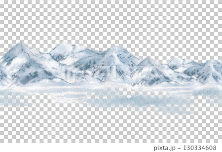 Seamless winter mountain border of delicate snowy peaks and frosty ridges in muted blues watercolor isolated. Minimalist rocky landscape repeat texture hand drawn for designs Christmas packaging. Seamless winter mountain border of delicate snowy peaks and frosty ridges in muted blues watercolor isolated. Minimalist rocky landscape repeat texture hand drawn for designs Christmas packaging. 130334608