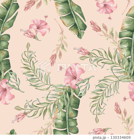 Neutral Tropical Seamless Print with pale pink flowers. Watercolor hibiscus and palm fronds in creamy beige and blush. Botanical repeat for spa packaging, coastal home textiles. Floral jungle pattern. 130334609