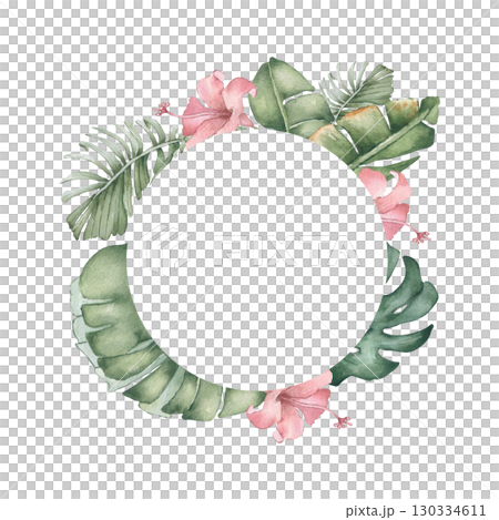 Botanical watercolor wreath of tropical flowers and plants in neutral colors isolated on white. Palm leaves and pink flower hibiscus hand drawn. Tropical foliage for wedding beach Hawaiian design. Botanical watercolor wreath of tropical flowers and plants in neutral colors isolated on white. Palm leaves and pink flower hibiscus hand drawn. Tropical foliage for wedding beach Hawaiian design. 130334611