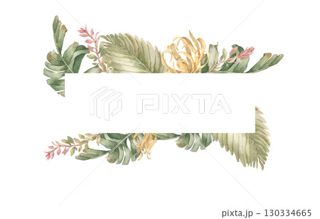 Tropical palm leaves watercolor frame isolated on white. Border of hibiscus and jungle foliage in soft tones hand painted. Summer botanical frame for monograms, spa labels, packaging, beach design. Tropical palm leaves watercolor frame isolated on white. Border of hibiscus and jungle foliage in soft tones hand painted. Summer botanical frame for monograms, spa labels, packaging, beach design. 130334665