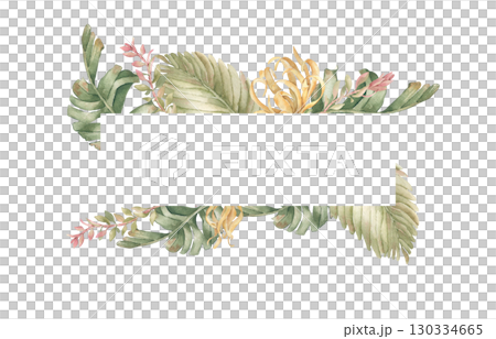 Tropical palm leaves watercolor frame isolated on white. Border of hibiscus and jungle foliage in soft tones hand painted. Summer botanical frame for monograms, spa labels, packaging, beach design. Tropical palm leaves watercolor frame isolated on white. Border of hibiscus and jungle foliage in soft tones hand painted. Summer botanical frame for monograms, spa labels, packaging, beach design. 130334665