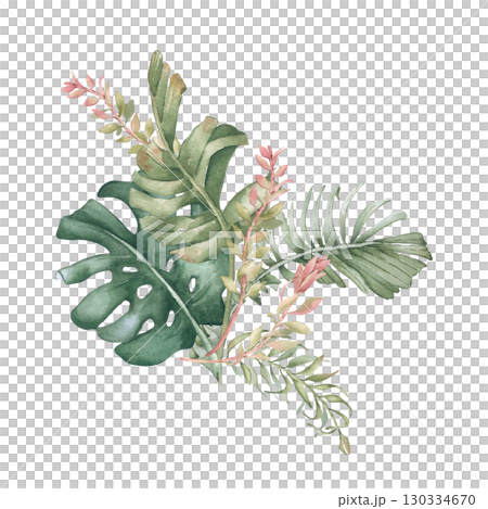 Bush of tropical foliage watercolor illustration isolated on white. Monstera, palm fronds, jungle plants hand drawn. Tropical leaves in pink and soft green colors for packaging, boho wedding design. 130334670