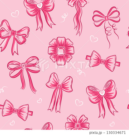Tie bow pink color doodle sketch background. Hand drawn sketch bow and ribbon on pink background. Seamless pattern for party, birthday, Valentine's day. 130334671