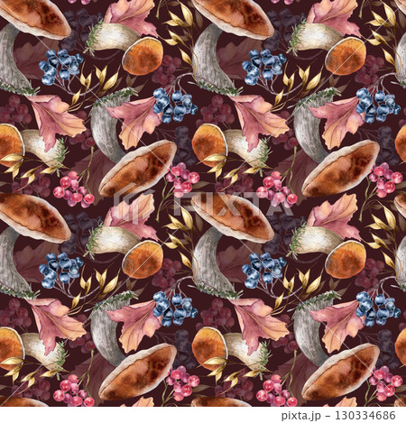 Warm autumn forest watercolor seamless pattern hand painted isolated on dark. Fall repeat background of porcini, berries, and colorful foliage. Botanical illustration for seasonal packaging, fabric. Warm autumn forest watercolor seamless pattern hand painted isolated on dark. Fall repeat background of porcini, berries, and colorful foliage. Botanical illustration for seasonal packaging, fabric. 130334686