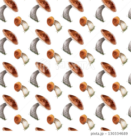 Forest mushrooms with rich brown caps watercolor hand painted seamless pattern. Repeat woodland plants background with boletus, porcini, and aspen cep. Fall holiday stationery, packaging, textile. Forest mushrooms with rich brown caps watercolor hand painted seamless pattern. Repeat woodland plants background with boletus, porcini, and aspen cep. Fall holiday stationery, packaging, textile. 130334689
