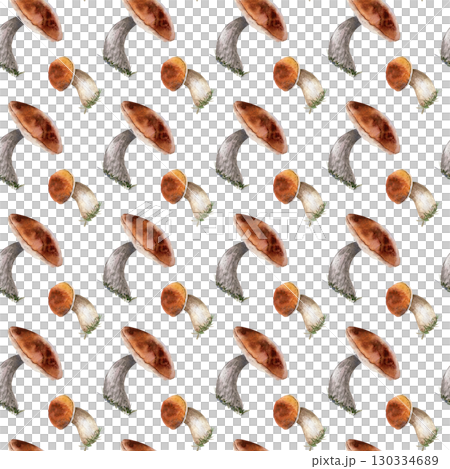 Forest mushrooms with rich brown caps watercolor hand painted seamless pattern. Repeat woodland plants background with boletus, porcini, and aspen cep. Fall holiday stationery, packaging, textile. Forest mushrooms with rich brown caps watercolor hand painted seamless pattern. Repeat woodland plants background with boletus, porcini, and aspen cep. Fall holiday stationery, packaging, textile. 130334689