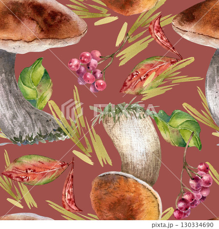Watercolor seamless pattern of mushrooms, viburnum berries, autumn foliage isolated. Forest plants endless background for fabric prints, wall decor, stationery. Fall woodland botanical design drawing. Watercolor seamless pattern of mushrooms, viburnum berries, autumn foliage isolated. Forest plants endless background for fabric prints, wall decor, stationery. Fall woodland botanical design drawing. 130334690
