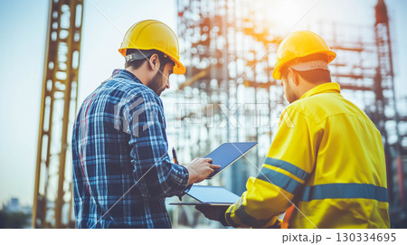 Engineer business partner working with laptop at construction site. 130334695
