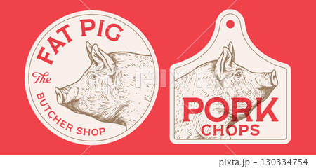 Pork, pig, hog, head, meat tag label. Template Meat Tag Label. Vintage print, tag, label pig sketch ink pencil style drawing. Butchery pork pig head meat shop, text, typography. Vector Illustration 130334754