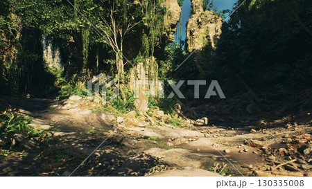 A dirt road running through a rocky forest, devoid of people and animals, creating a secluded and natural pathway. A dirt road running through a rocky forest, devoid of people and animals, creating a secluded and natural pathway. 130335008