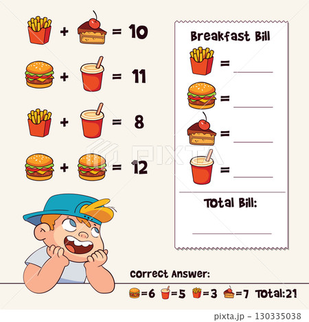 Math riddle for kids. Solve food equations and fill in the bill total 130335038
