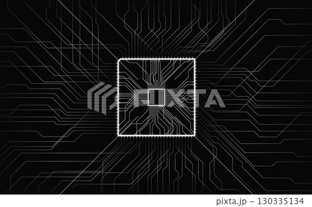 A white microchip is centered within an intricate design of circuit patterns against a solid black background. The geometric layout emphasizes technology and connectivity. A white microchip is centered within an intricate design of circuit patterns against a solid black background. The geometric layout emphasizes technology and connectivity. 130335134