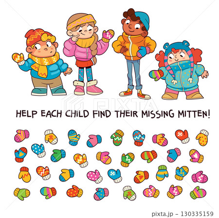 Winter matching puzzle for kids: help each child find the missing mitten 130335159