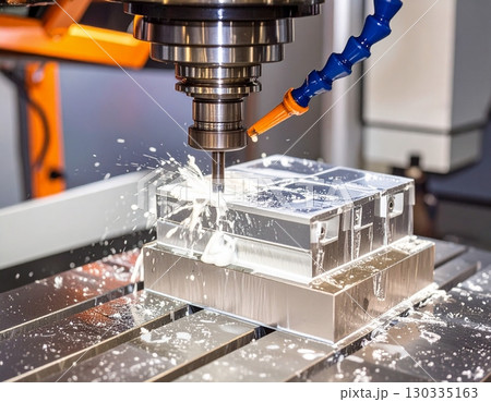 CNC milling machine processing on steel with cooling CNC milling machine processing on steel with cooling 130335163
