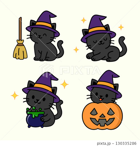 Cute black Halloween cat illustration set same character in different poses Cute black Halloween cat illustration set same character in different poses 130335286