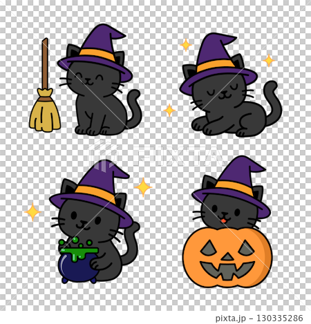 Cute black Halloween cat illustration set same character in different poses Cute black Halloween cat illustration set same character in different poses 130335286