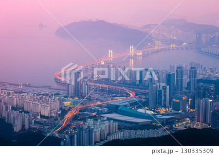 Busan city and skyscrapers in Haeundae district and Gwangan Bridge, Busan South Korea. 130335309