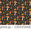 Autumn pattern made of leaves, berries, and mushrooms. Vector illustration 130335448