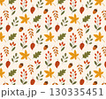 Autumn pattern made of leaves, berries, and mushrooms. Vector illustration 130335451