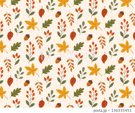 Autumn pattern made of leaves, berries, and mushrooms. Vector illustration 130335451