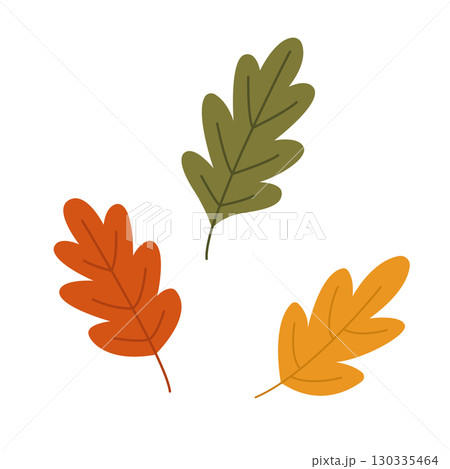 Set of leaves in different colours. Cute leaves drawn by hand. Cosy autumn design. Vector illustration. Set of leaves in different colours. Cute leaves drawn by hand. Cosy autumn design. Vector illustration. 130335464