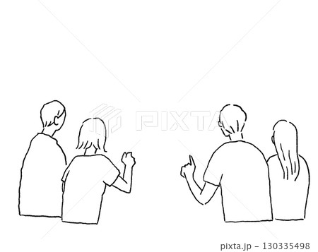 後ろ姿の二組の男女、線画 130335498