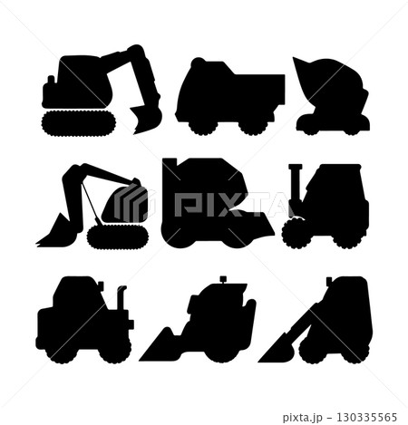 Construction vehicles in silhouette displaying various machinery types on a plain background Construction vehicles in silhouette displaying various machinery types on a plain background 130335565