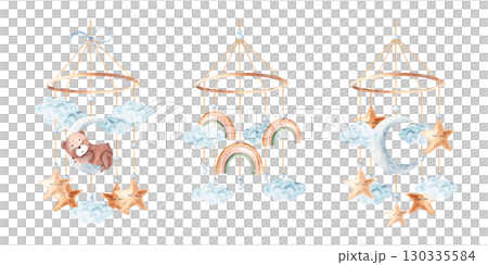 Watercolor baby cradle Mobile Set with cute teddy bear, rainbows and moon with clouds and stars. Hand drawn illustration in pastel colors of kids hanging toy. For greeting cards, gender reveal, its a 130335584