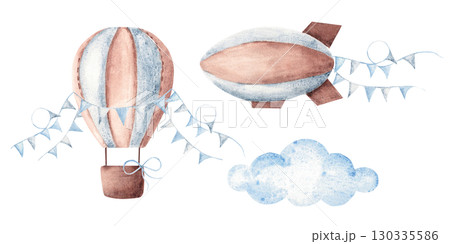 Air transport set. Airship or Dirigible, Hot Air Balloon with pennants and blue Cloud. Watercolor Hand drawn Children's illustration isolated on white background. Vintage style. Design Element for 130335586