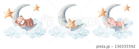 Watercolor cute baby night compositions set. Rabbit, teddy bear or star sleep on the moon with clouds. Hand drawn illustration in vintage style for a boy and a girl. 130335592