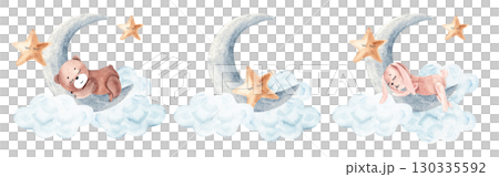 Watercolor cute baby night compositions set. Rabbit, teddy bear or star sleep on the moon with clouds. Hand drawn illustration in vintage style for a boy and a girl. 130335592