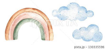 Set of Rainbow and Clouds. Hand drawn Watercolor illustration isolated on a white background. Design Elements for kids goods, kid's shop, cards and posters. 130335596