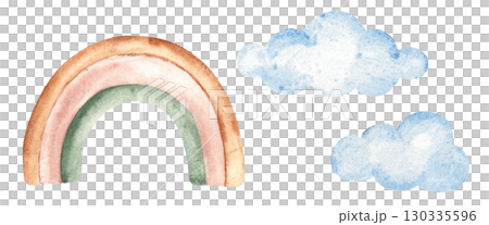 Set of Rainbow and Clouds. Hand drawn Watercolor illustration isolated on a white background. Design Elements for kids goods, kid's shop, cards and posters. 130335596
