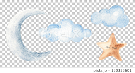 Baby Night Set of Crescent Moon, cute Star and Clouds. Hand drawn Watercolor illustration isolated on a white background. Kids design elements. For newborn goods, prints, cards or invitations 130335601