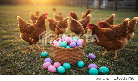 colorful easter eggs on the farm 130335786