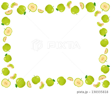 水彩タッチのグリーンアップルフレーム｜爽やかな果物デザインで秋の食品パッケージやポスターに使える 130335818