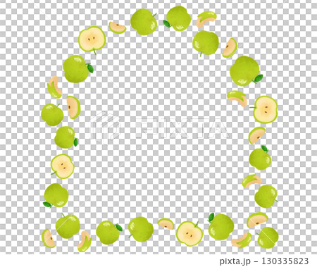 水彩風格青蘋果拱形框架。清爽的水果設計，適用於秋季食品包裝和海報。 130335823