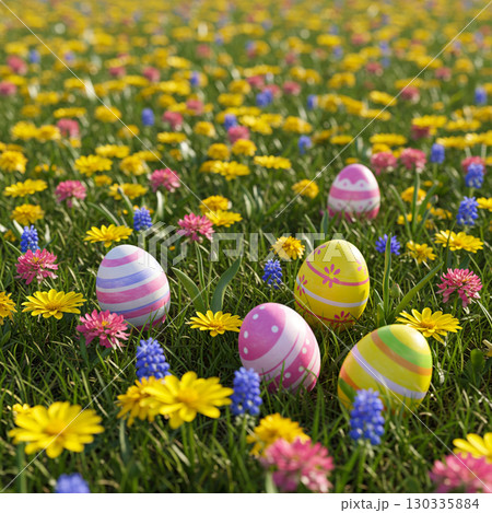 colorful easter eggs on a meadow lawn colorful easter eggs on a meadow lawn 130335884